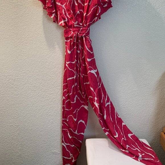 Vintage 80s JT Dress jumpsuit pink and white with matching wrap belt size 12 - Picture 8 of 8